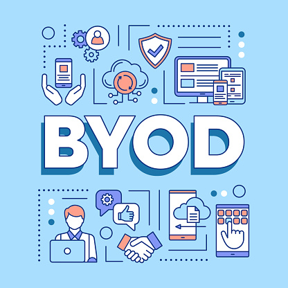 BYOD word concepts banner. Bring your own device. Using personal gadgets on workplace. Presentation, website. Isolated lettering typography idea with linear icons. Vector outline illustration
