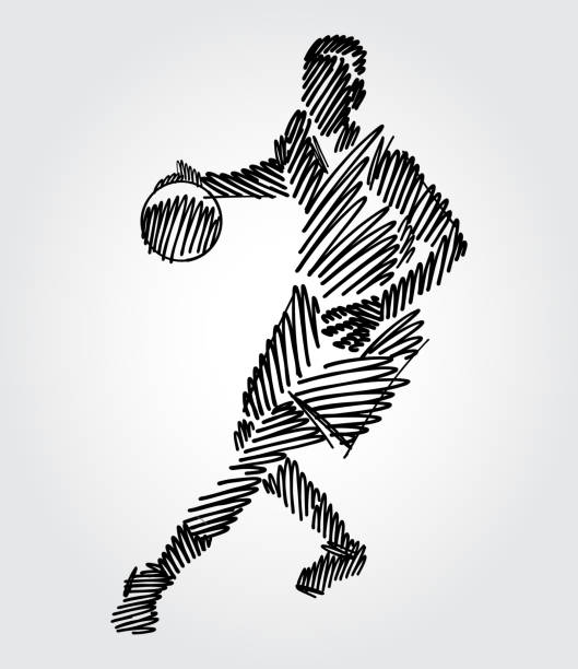 Basketball player with ball in hand looking away Basketball player with ball in hand looking away. Simple drawing with black outlines in sketch-shape on light background. shooting guard stock illustrations