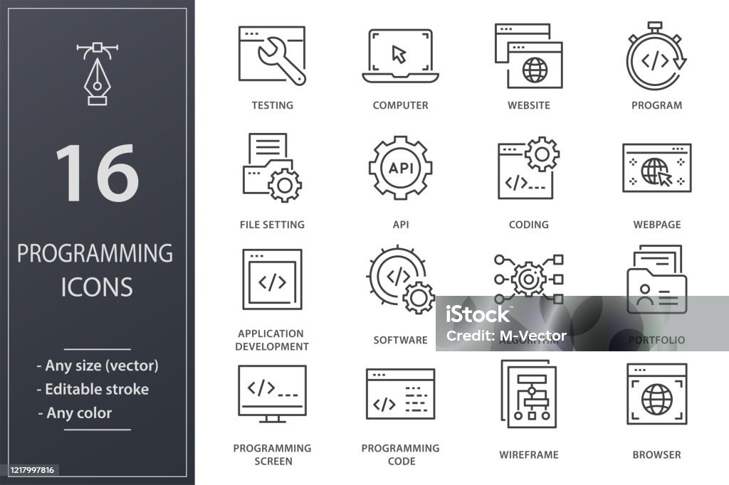 Programming line icons set. Black vector illustration. Editable stroke. Programming line icons. Set of software, coding, website, API and more. Editable stroke. Application Programming Interface stock vector Programming line icons set. Black vector illustration. Editable stroke. Programming line icons. Set of software, coding, website, API and more. Editable stroke. Application Programming Interface stock vector