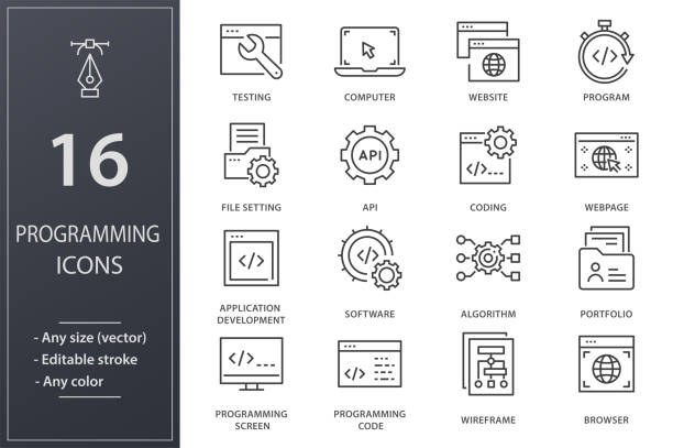 Programming line icons set. Black vector illustration. Editable stroke. Programming line icons. Set of software, coding, website, API and more. Editable stroke. application-programming-interface stock illustrations
