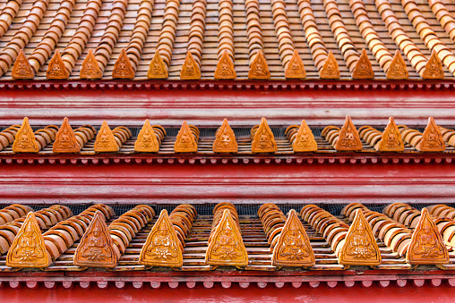 Ceramic tiles on the ornate roof at Wat Benchamabophit (The Marble Temple), Bangkok, Thailand