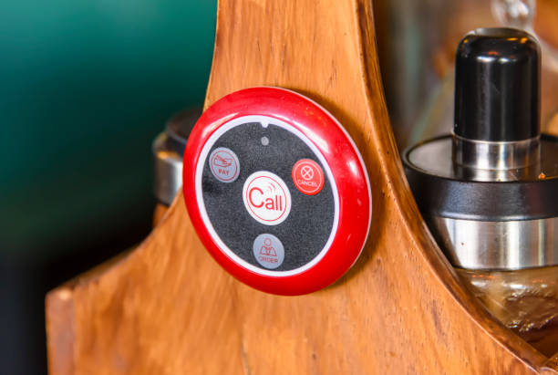 istock Electronic tag on the condiment stand on a table in a restaurant, with buttons to call for service, payment, place an order, or ask for the bill, Patong, Phuket, Thailand 1217999114