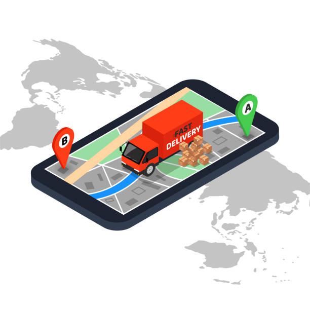 illustrations, cliparts, dessins animés et icônes de icône isométrique de l’application de service de livraison et pile de boîtes en carton scellées empilées. conception isolée de modèle plat sur fond blanc. illustration de vecteur - tracker