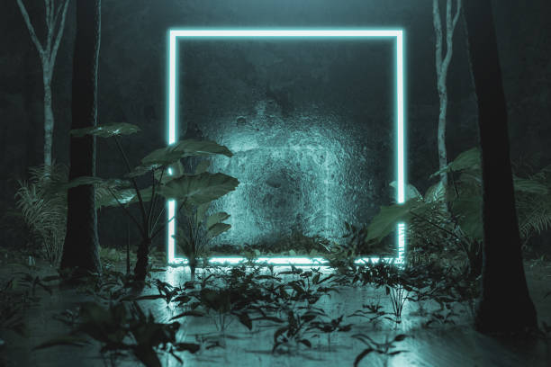 3d rendering of blue lighten square shape with light beam surrounded by tropical vegetation