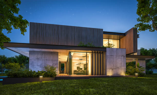 istock 3d rendering of modern house with wood plank facade in night 1217999565