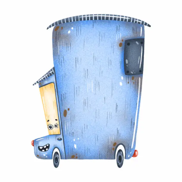 Vector illustration of Cute whimsical blue vintage car with eyes on a white background