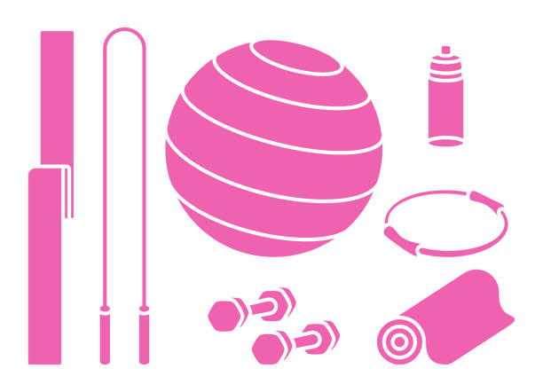 bildbanksillustrationer, clip art samt tecknat material och ikoner med platt design pilates utrustning ikonuppsättning - pilatesboll rosa on white