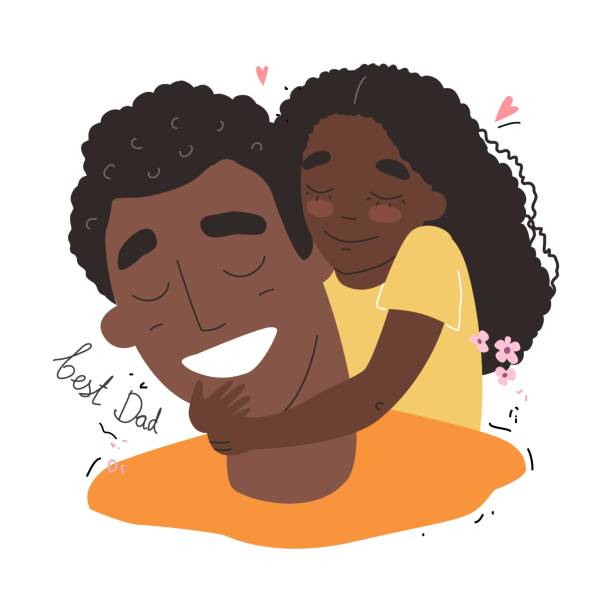 ilustrações de stock, clip art, desenhos animados e ícones de fathers day, happy family, black african american daughter hugs dad and smiling - father and daughter