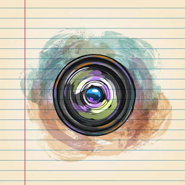 Vector illustration of Camera Lens Drawing on Ruled Paper