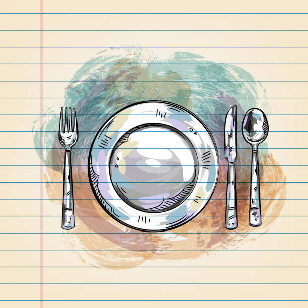 umieść rysunek na papierze reguły - fork place setting silverware plate stock illustrations