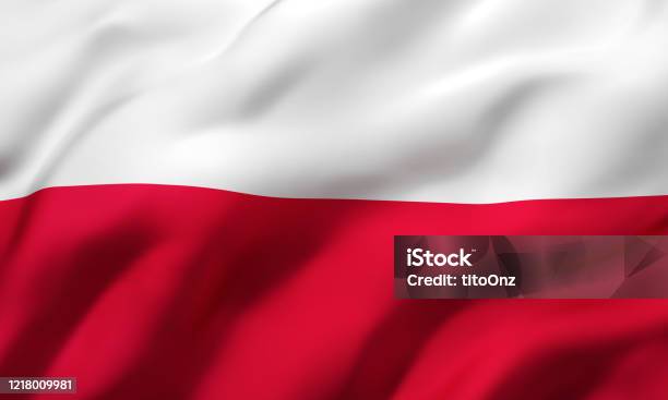 Flag Of Poland Blowing In The Wind Stock Photo - Download Image Now - Polish Flag, Backgrounds, Wind