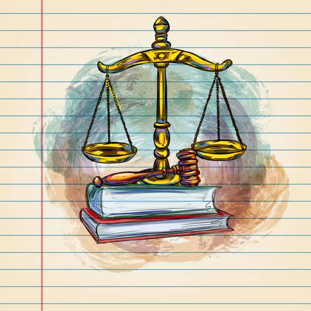 Vector illustration of Scales of Justice Drawing on Ruled Paper