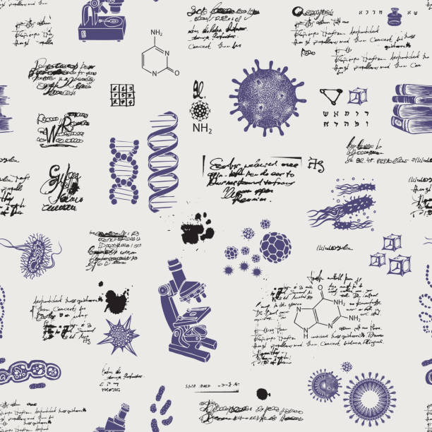 vector seamless pattern on a scientific theme Vector seamless pattern on the theme of chemistry, Microbiology, medicine, genetics, laboratory research. Hand-drawn background with sketches, unreadable entries and illegible notes in retro style laboratory notebook stock illustrations