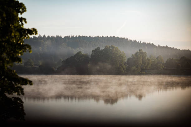 istock autumn fog over the reflecting forest lake 1218011541