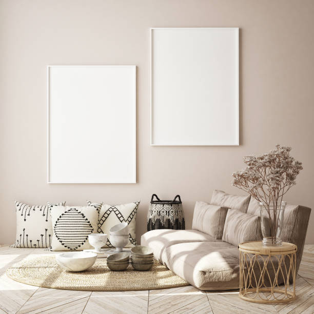 mock up poster frame in modern interior background, scandinavian style, 3D render