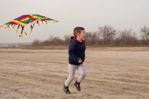istock A boy of 4 years old is playing on an empty beach. Flying a kite. 1218015412