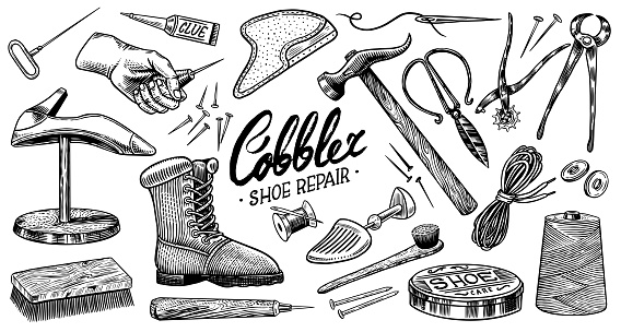 Cobbler set. Professional equipments for Shoe repair. Shoemaker or bootmaker. Cream Hammer Awl Brush Thread Glue Shoe and Calligraphic lettering. Hand drawn engraved old sketch for label or poster