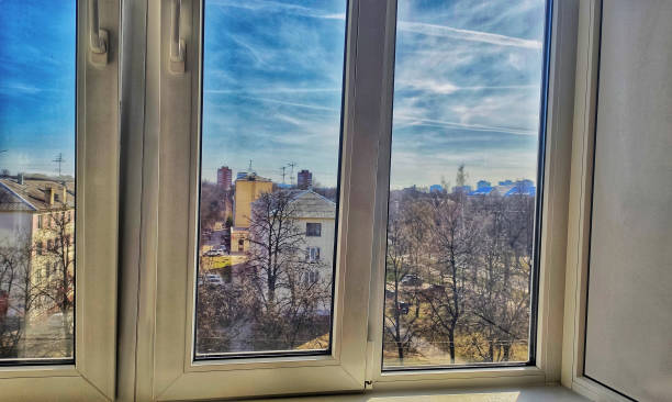 istock Beautiful blue sky outside the balcony window 1218017058