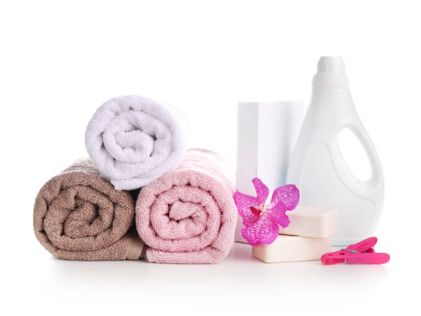 istock Clean and fresh bath towels and washing powder 1218017067