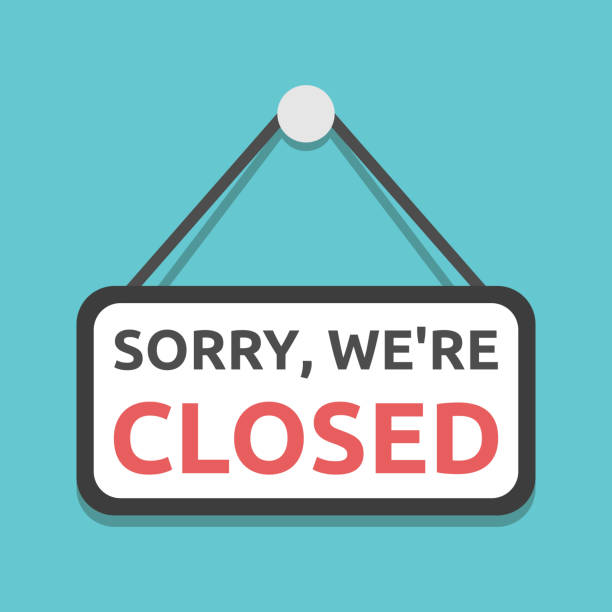 Sorry, we're closed sign Sorry, we're closed sign hanging on turquoise blue. Coronavirus pandemic, quarantine, bankruptcy, commerce and crisis concept. Flat design. EPS 8 vector illustration, no transparency, no gradients closed stock illustrations