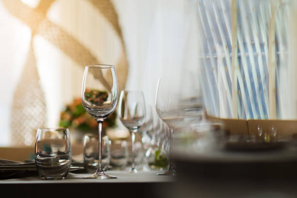 istock empty glasses wine in restaurant, glass water, campaign glass 1218017431