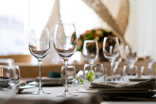 istock empty glasses wine in restaurant, glass water, campaign glass 1218017511