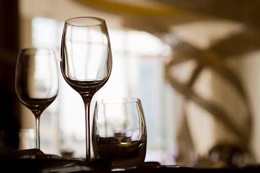 Tasting table of various wines, in wooden table room surrounded by black armchairs, Winery in Mendoza Capital, Argentina