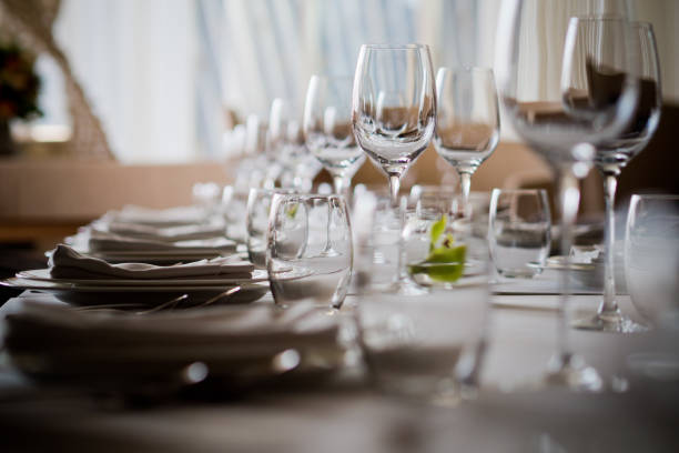 istock empty glasses wine in restaurant, glass water, campaign glass 1218017533