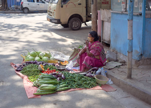 Glimpses of domestic life and city under lockdown facing threat of coronavirus epidemic in India. An woman seller with varieties of fresh green vegetables for sell. She is sitting in roadside and waiting for customers.As of 10th April, 2020, confirmed cases in India is 6,761 while 206 people have died after being tested Covid-19 positive.Photo taken in Kolkata on 04/09/2020, 16th day of pan India lockdown.