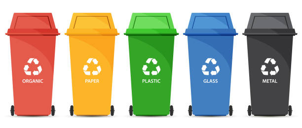 istock Red, yellow, green, blue and black recycle bins isolated on a white background. 1218021716