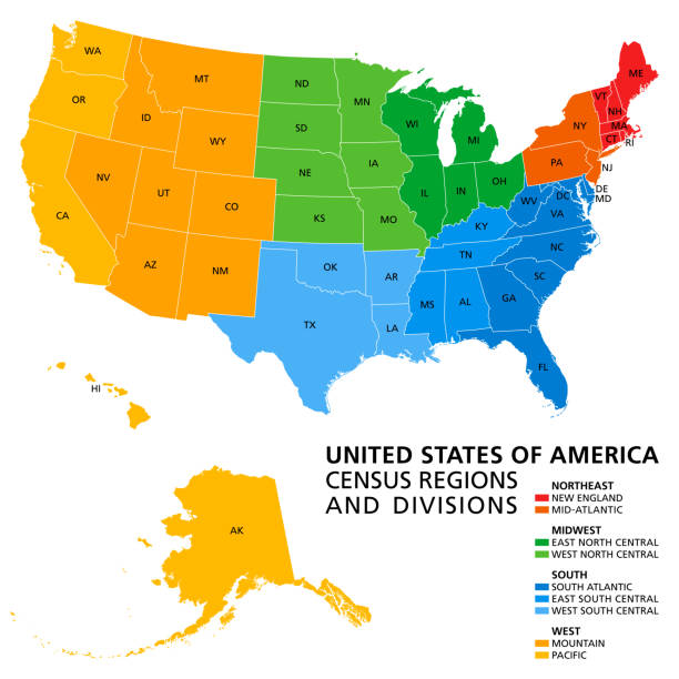 United States, Census regions and divisions, political map United States, Census regions and divisions, political map. Region definition widely used for data collection and analysis. The most commonly used classification system. English. Illustration. Vector. census stock illustrations