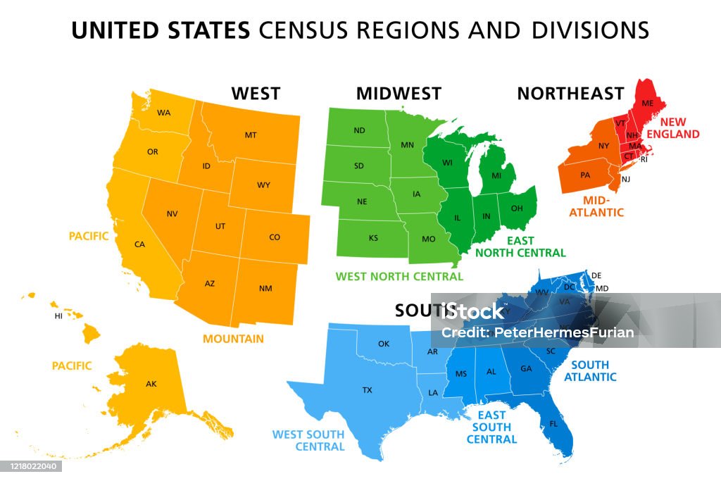 美國地圖分為人口普查區域和分區 - 免版稅地圖圖庫向量圖形