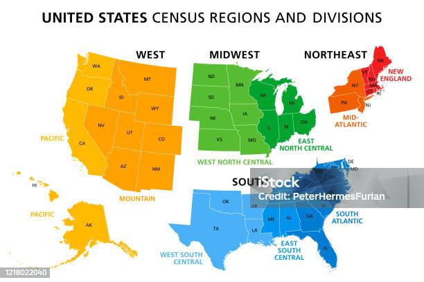 美國地圖分為人口普查區域和分區向量圖形及更多地圖圖片 - 地圖, 美國, 美國中西部