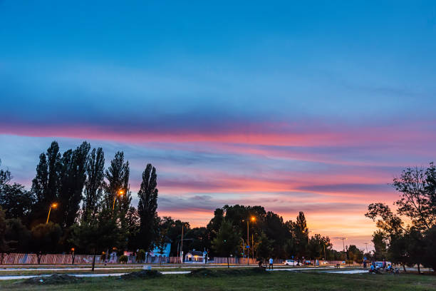 Novi Sad, Serbia - July 22, 2019: Aviation settlement (Serbian: Avijatičarsko Naselje) is an urban neighborhood of the city of Novi Sad, Serbia. Sunset in a populated place