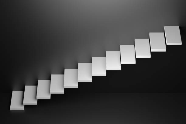 istock Ascending white stairs in black room 3D abstract illustration. 1218024081
