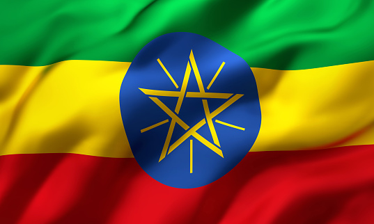 Flag of Ethiopia blowing in the wind. Full page Ethiopian flying flag. 3D illustration.