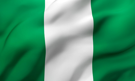 Flag of Nigeria blowing in the wind. Full page Nigerian flying flag. 3D illustration.