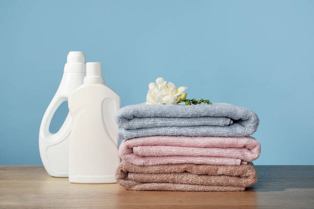 istock Clean and fresh bath towels and washing powder 1218025842