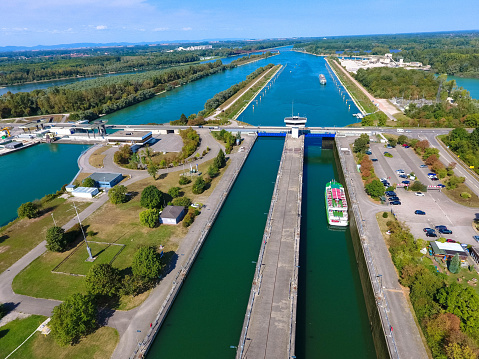 Aerial view: Rhine lock at Iffezheim Baden Württemberg, Germany