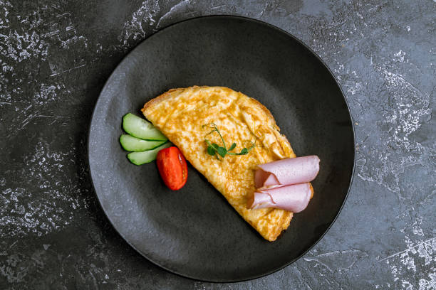 omelette breakfast on plate with ham