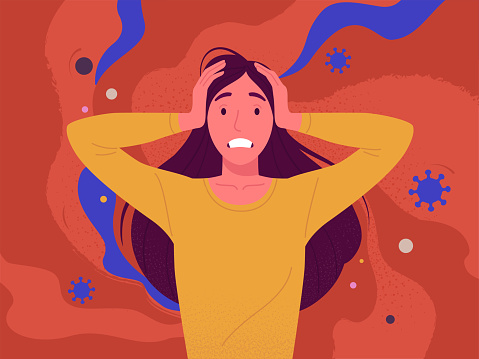 Vector illustration of young attractive cartoon brunette stressed woman with her hands on the head and with clenched teeth. Isolated on abstract red backgroun