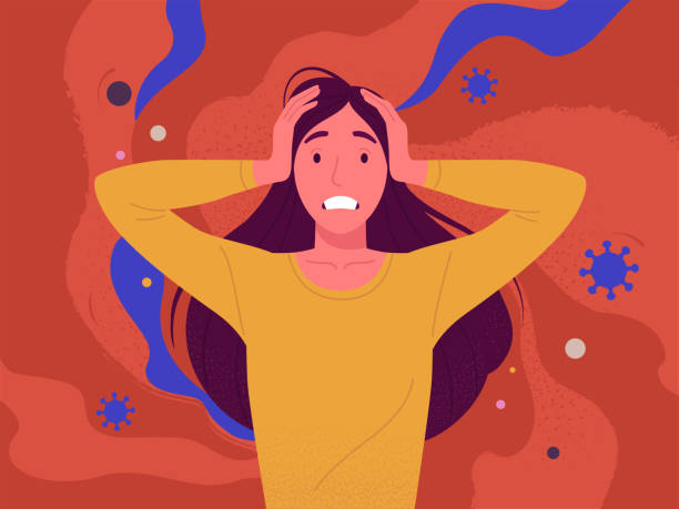 Woman in panic. Vector illustration of young attractive cartoon brunette stressed woman with her hands on the head and with clenched teeth. Isolated on abstract red backgroun terrified stock illustrations