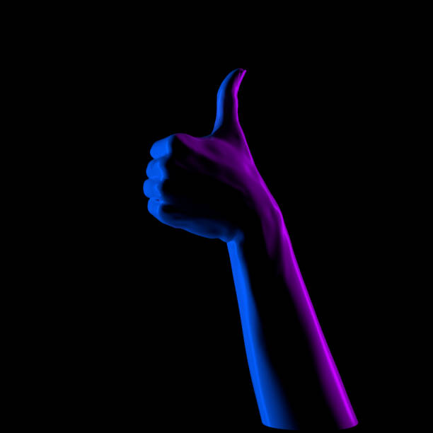 Thumb up neon gradient duotone hand gesture isolated black, yes like abstract creative night club party concept, 3d rendering