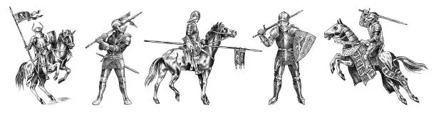 Vector illustration of Medieval armed knight in armor and on a horse. Historical ancient military characters set. Prince with a spear and a flag. Ancient fighters. Vintage vector sketch. Engraved hand drawn illustration