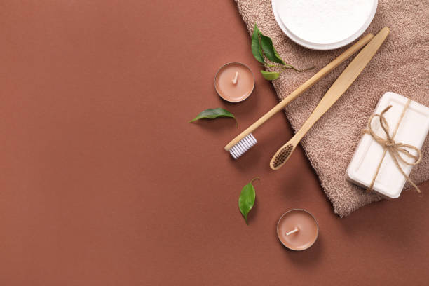 istock Bath towel, wooden toothbrushes and soap bar 1218028090