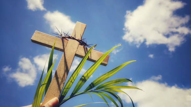 Lent,Holy Week and Good Friday concepts Photo of wooden cross raise up to the sky Stock photo the passion of jesus stock pictures, royalty-free photos & images