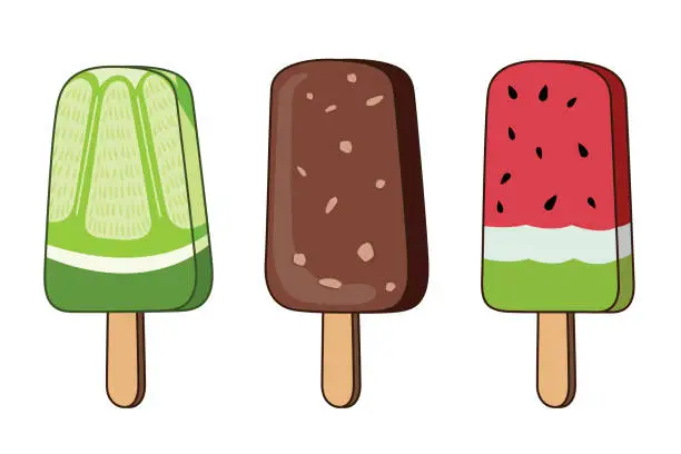 Vector illustration of Lemon flavored ice cream, watermelon and chocolate in a cartoon style on a white background.