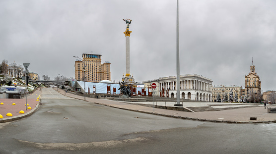 Kyiv, Ukraine - March, 22, 2020: Independence Square. A popular place of the city without people. The main square of Kyiv. Quarantine during COVID-19. Majdan Nezalezhnosti.