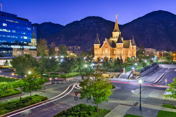Provo, Utah, USA at Provo City Center Temple Provo, Utah, USA at Provo City Center Temple at twilight. provo stock pictures, royalty-free photos & images