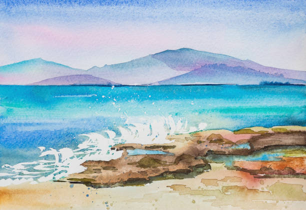 istock Sea landscape with mountains watercolor handmade 1218040304